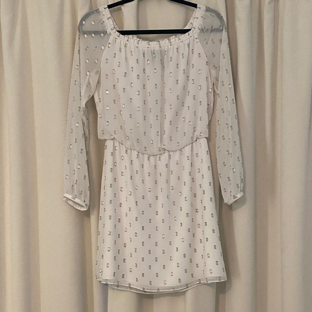 White House Black Market White Dress with Sheer Embellished Sleeves